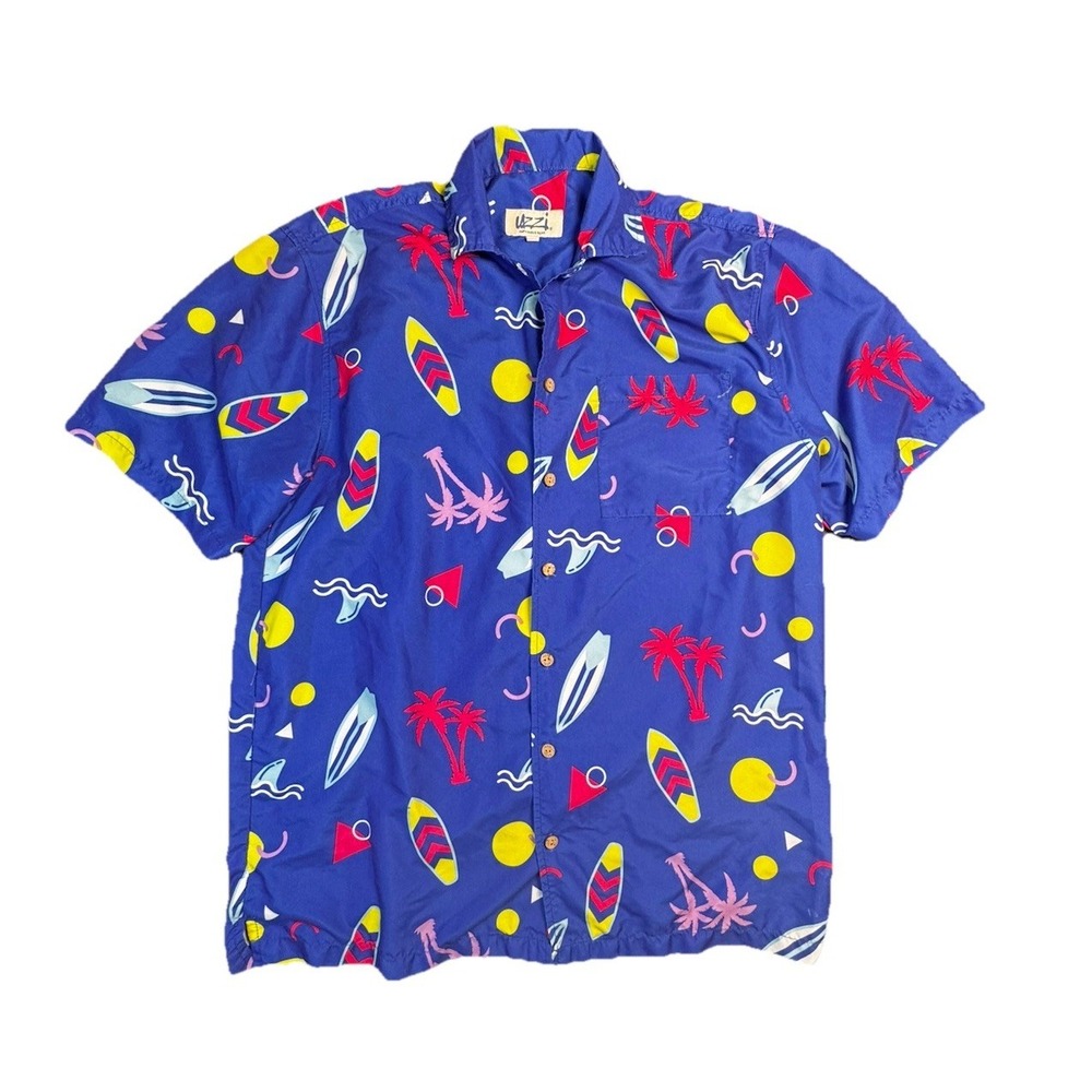 UZZI Amphibious Gear Shirt Mens Small Blue Surfboard Palm Tree‎ Hawaiian Print